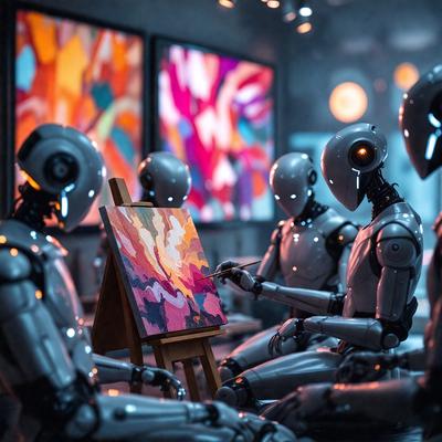 The primary subject of the image is a robot artist, who is painting a picture on a canvas. The setting is an art gallery, with multiple paintings displayed on the walls. The visual style is a combination of photo and digital art, creating a unique and futuristic atmosphere. The colors and mood of the image are predominantly dark and moody, with the robot artist as the focal point.